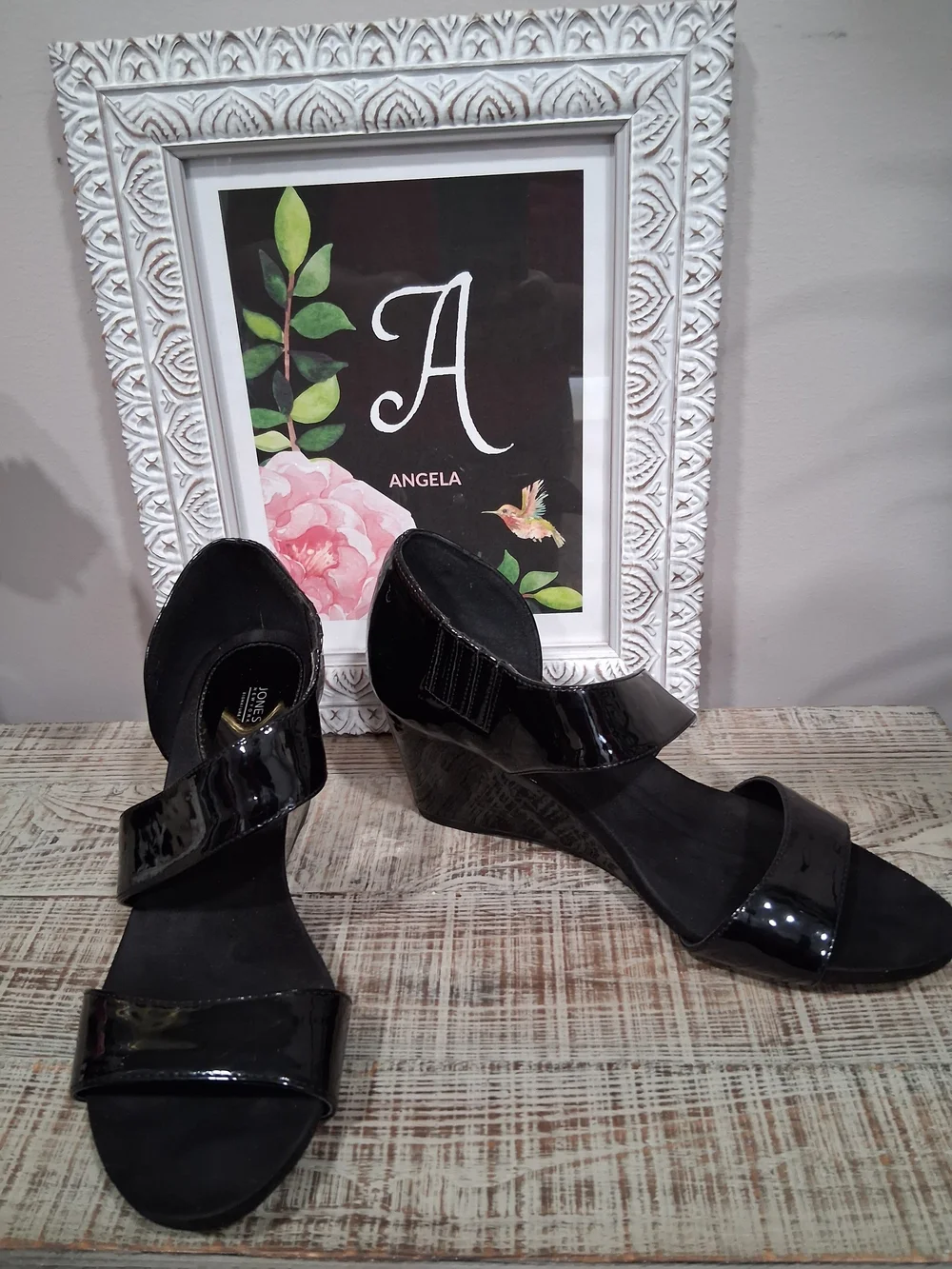 Jones New York Black Patent Wedge Sandals